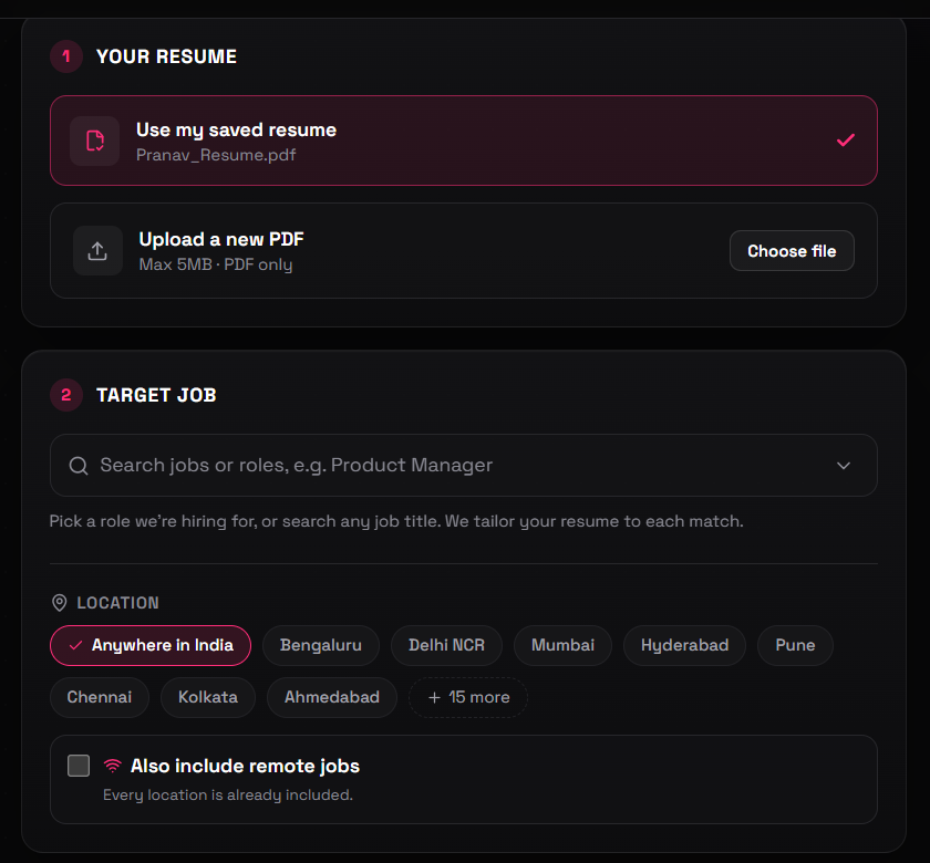The JobTether Agent launch page — pick a saved resume or upload a PDF, search any job title, and filter by Indian metros or remote.