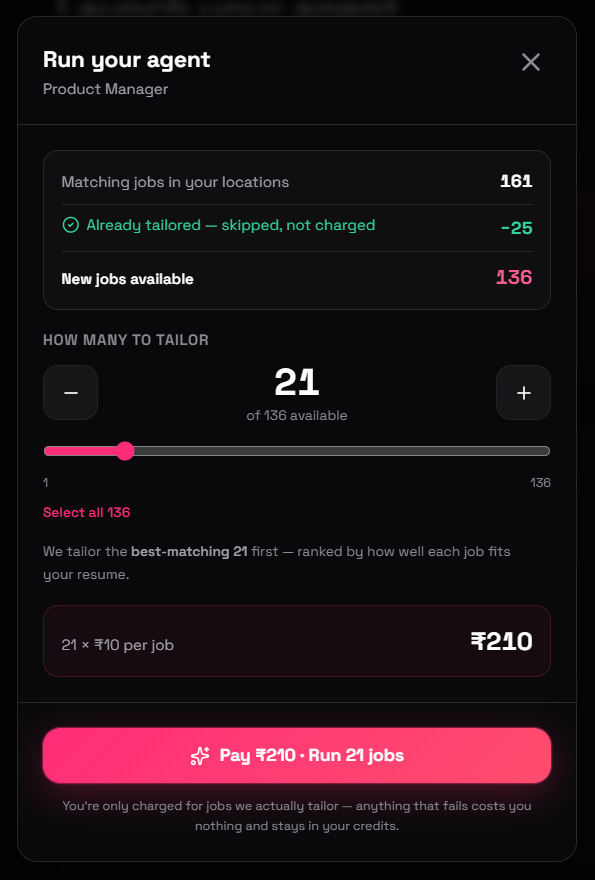 The JobTether Agent run cost modal — 161 matching jobs, 25 already tailored and skipped without charge, 136 new, with a quantity selector priced at ₹10 per job.